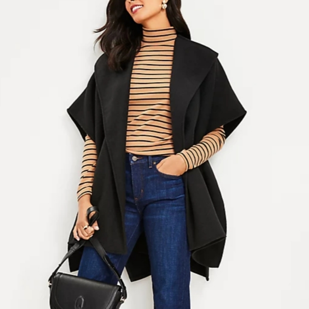 Ann Taylor LOFT sz L /XL oversized black waterfall front open cardigan wrap Fall